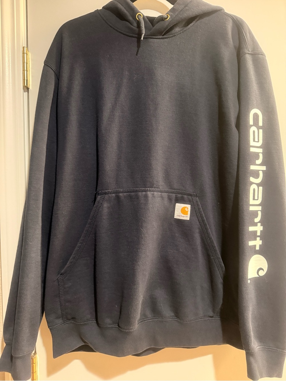 Carhartt Navy Blue Hooded Sweatshirt with Sleeve Logo
